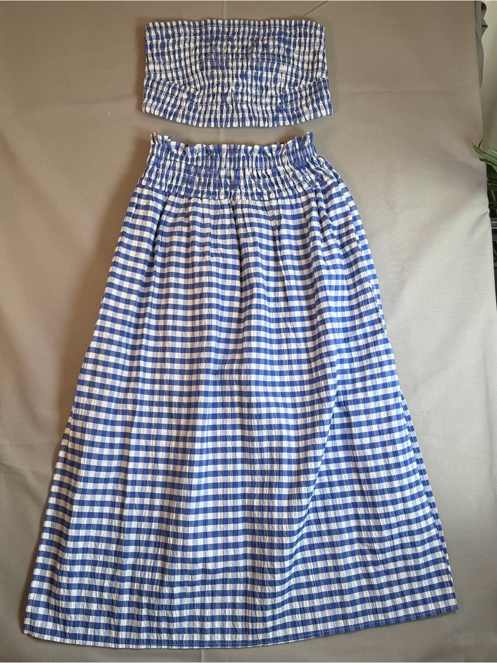 Universal Thread Blue&White Gingham Smocked TubeTop SzS &Skirt SzM Smocked Waist